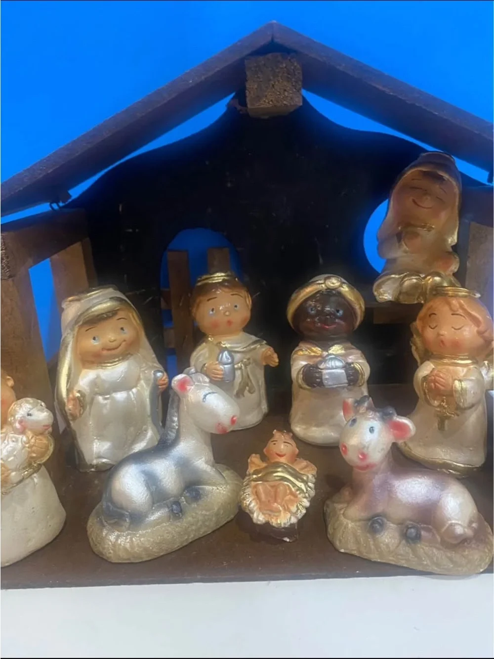 Vintage sears kids nativity set with wooden manger